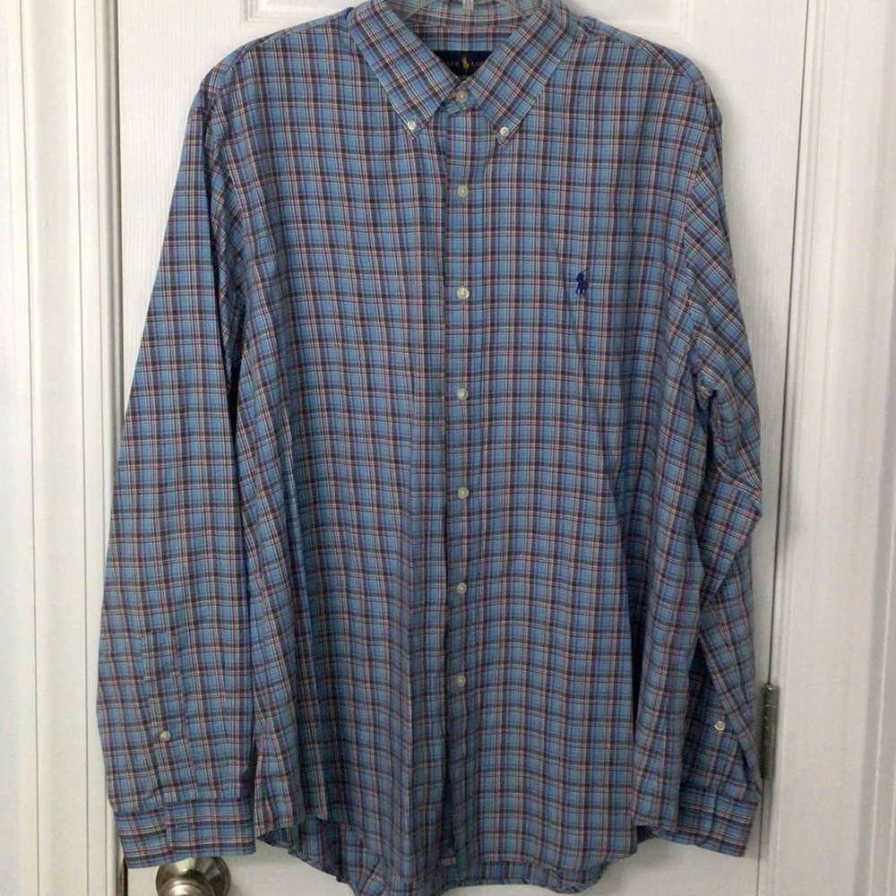 Ralph Lauren Classic Blue and Red Plaid Button Down Long Sleeve Shirt,  Size XL